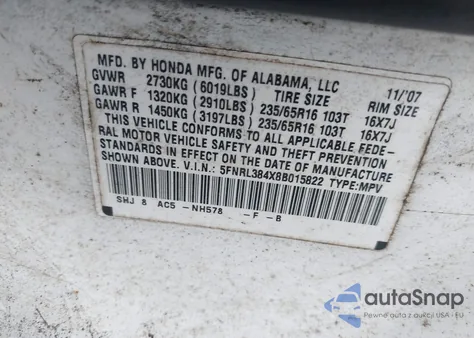2008 Honda Odyssey Ex z USA, uszkodzony, nr VIN 5FNRL384X8B015822